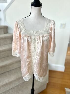 Vintage 70s Pink Satin Bow Lace Puff Sleeve Blouse Coquette Whimsygoth Fairy